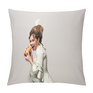 Personality  Hungry Woman In Vintage Outfit Eating Tasty Hot Dog Isolated On Grey Pillow Covers