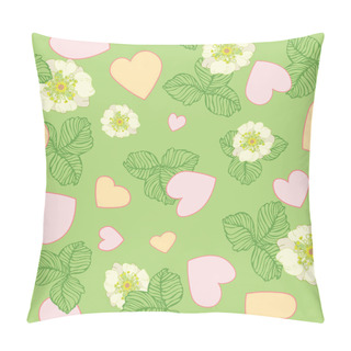 Personality  Vector, Seamless, Repeat Pattern Of Peach, Pink Hearts On Green Background And Flowers Of Blooming Strawberries. Suitable For Valentines Day Designs, Baby Bedding, Girls Clothes, Childrens Room Pillow Covers