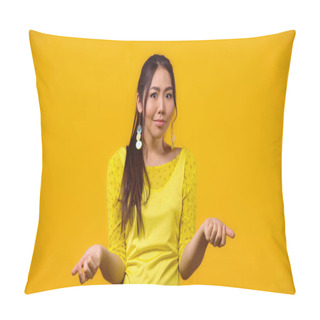 Personality  Confused Asian Woman Showing Shrug Gesture Isolated On Yellow Pillow Covers