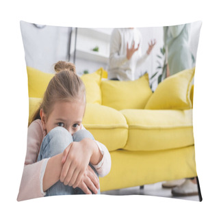 Personality  Scared Child Looking At Camera While Parents Quarrelling On Blurred Background  Pillow Covers