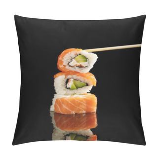 Personality  Chopstick Near Delicious Philadelphia Sushi With Avocado, Creamy Cheese, Salmon And Masago Caviar Isolated On Black With Reflection Pillow Covers
