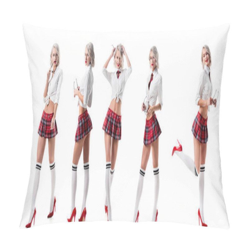 Personality  Collage Photo Of Sexy Young Woman In Schoolgirl Clothing Posing Isolated On White Pillow Covers