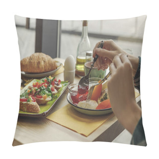 Personality  Cropped Shot Of Person Eating Healthy Tasty Breakfast  Pillow Covers