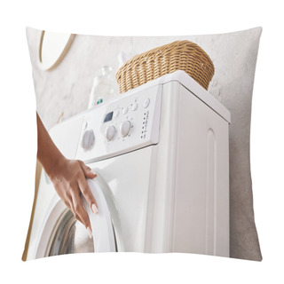 Personality  Woman Putting A Cloth Into The Dryer In A Bathroom While Doing Laundry. Pillow Covers