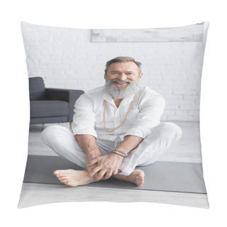 Personality  Happy Yoga Coach In Beaded Bracelets Sitting In Easy Pose And Looking At Camera Pillow Covers