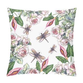 Personality  Watercolor Garden Flowers Rose With Small Dragonfly. Floral Seamless Pattern With Bouquet Delicate Flowers On White Background. Pillow Covers