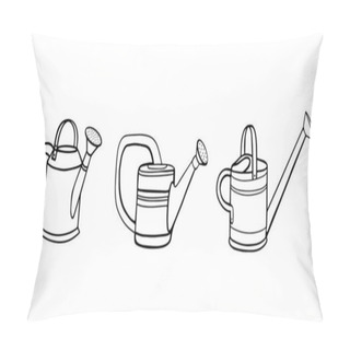 Personality  Collection Of Garden Watering Cans For Watering Plants.watering Can For Watering Plants. Gardening. Vector Illustration In The Doodle Style Pillow Covers