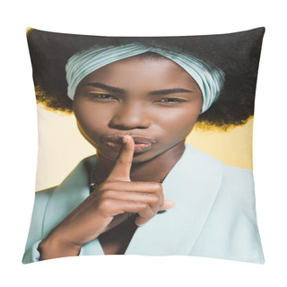 Personality  African American Young Woman In Blue Stylish Outfit Showing Shh Isolated On Yellow  Pillow Covers