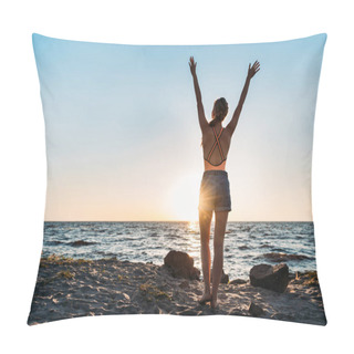 Personality  Back View Of Young Woman Raising Hands While Standing On Sandy Beach At Sunset Pillow Covers