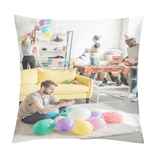 Personality  Group Of Multicultural Friends Decorating Room With Party Garlands And Balloons  Pillow Covers