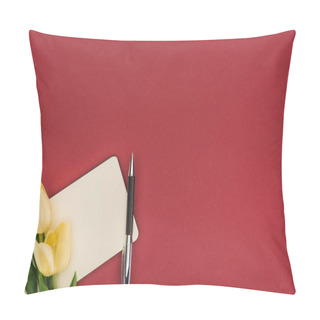 Personality  Top View Of Tulips And Empty Notebook With Pen Isolated On Red Pillow Covers