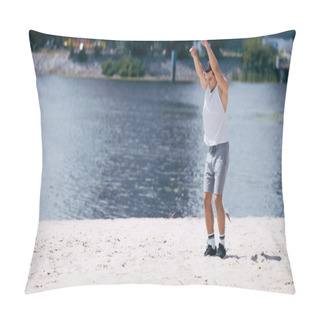Personality  Young Sportsman In Tank Top And Shorts Warming Up With Outstretched Hands Near River Pillow Covers