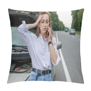 Personality  Young Woman Standing Near Broken Down Car With Popped Up Hood Having Trouble With Her Vehicle. Waiting For Help Tow Truck Or Technical Support. A Woman Calls The Service Center. Pillow Covers