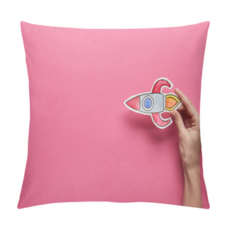 Personality  Elevated View Of Flying Rocket On Pink Background Pillow Covers