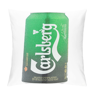 Personality  Ukraine, Kyiv - June 18. 2020: Aluminium Can Of Carlsberg Beer,  On White Background. Danish Brewing Company Founded In 1847. Insulated Packaging For Catalog. Water Drops. File Contains Clipping Path. Pillow Covers
