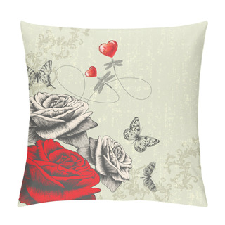 Personality  Vintage Background With Roses, Butterflies, Dragonflies And Red Hearts, Hand-drawing. Vector. Pillow Covers