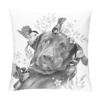 Personality  Surprised Labrador And Little Birds. Realistic Drawing Of A Dog And Tits Isolated On A White Background. Sketch Pencils. Pillow Covers
