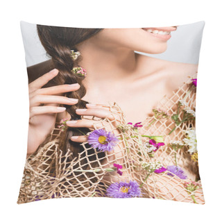 Personality Cropped View Of Smiling Woman Touching Braid In Mesh With Spring Wildflowers Isolated On Grey Pillow Covers