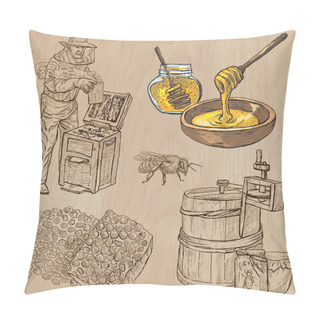 Personality  Bees, Beekeeping And Honey - Hand Drawn Vector Pack 5 Pillow Covers