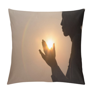 Personality  Silhouette Of Faithful Woman Praying  At Sunset As Concept For Religion, Faith, Prayer And Spirituality. Pillow Covers