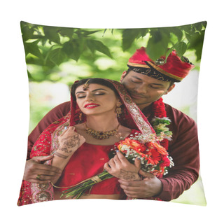 Personality  Indian Married Couple With Closed Eyes In Traditional Clothes Standing Outside Pillow Covers