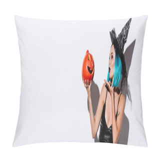 Personality  Panoramic Shot Of Sexy Girl In Black Witch Halloween Costume With Blue Hair Blowing Kiss To Spooky Carved Pumpkin On White Background Pillow Covers