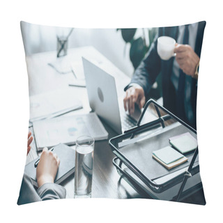 Personality  Cropped View Of Businesswoman Holding Pen Near Notebook, Glass Of Water And Investor With Cup Of Coffee In Office  Pillow Covers