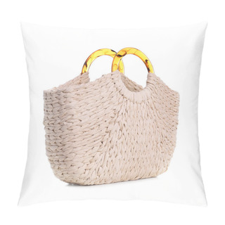 Personality  Stylish Straw Bag On White Background. Summer Accessory Pillow Covers