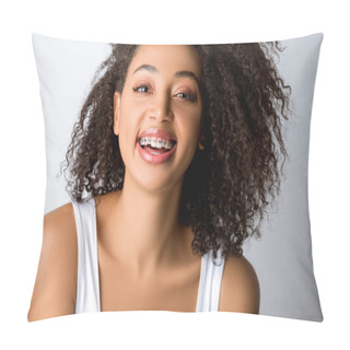 Personality  Laughing African American Girl With Dental Braces, Isolated On Grey Pillow Covers