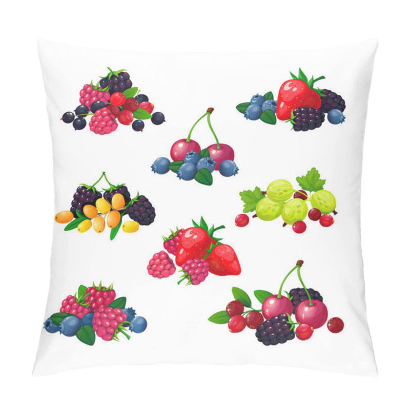 Personality  Fresh summer berries. Piles of raspberry currant strawberry gooseberry blackberry cranberry blueberry cartoon vector set pillow covers