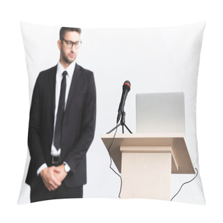 Personality  Selective Focus Of Podium Tribune With Laptop And Microphone, Businessman In Suit On Background Isolated On White Pillow Covers