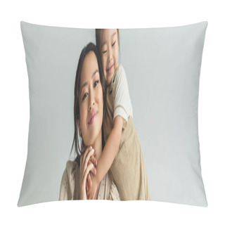 Personality  Cheerful Asian Toddler Daughter Hugging Happy Mother Isolated On Gray, Banner Pillow Covers