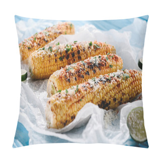 Personality  Close Up View Of Grilled Corn With Lime Slices On Baking Paper On Wooden Table  Pillow Covers