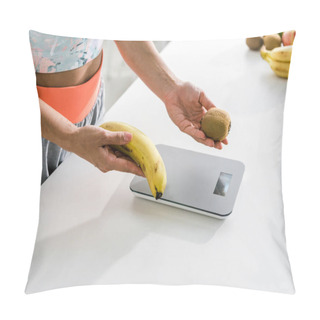Personality  Cropped View Of Woman Holding Banana And Kiwi Near Food Scales Pillow Covers