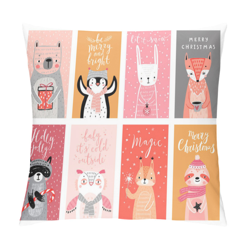 Personality  Cute cards with woodland animals celebrating Christmas eve, having fun, drinking tea. Funny characters. Vector illustration. pillow covers