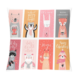 Personality  Cute Cards With Woodland Animals Celebrating Christmas Eve, Having Fun, Drinking Tea. Funny Characters. Vector Illustration. Pillow Covers