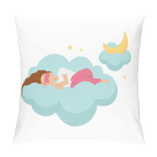 Personality  Vector Illustration Of Sleeping Girl On Blue Cloud. Moon And Stars. Sweet Dreams. Pillow Covers