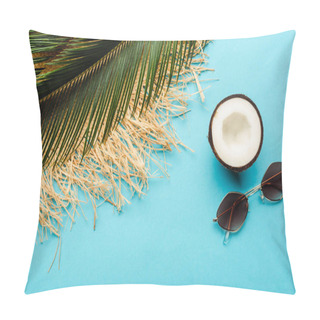 Personality  Top View Of Green Palm Leaf, Coconut Half, Sunglasses And Straw Hat On Blue Background Pillow Covers