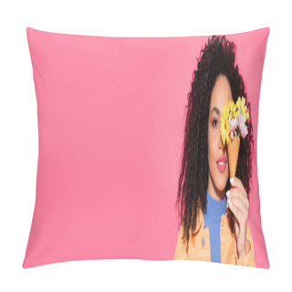 Personality  Curly African American Woman Covering Eye While Holding Holding Waffle Cone With Flowers On Pink, Banner Pillow Covers