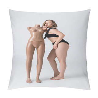 Personality  Full Length Of Overweight And Barefoot Woman In Swimsuit Leaning On Plastic Mannequin On White  Pillow Covers