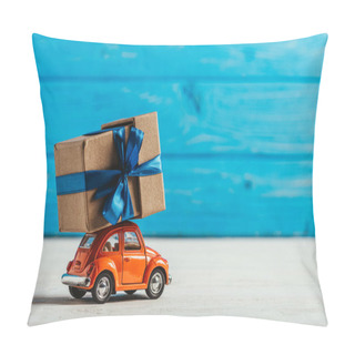 Personality  Close-up Shot Of Toy Car With Gift Box On Blue Wooden Background Pillow Covers