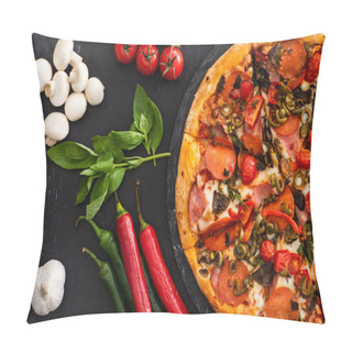 Personality  Top View Of Delicious Italian Pizza With Vegetables And Salami On Black Background Pillow Covers