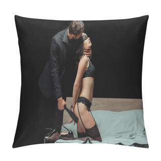 Personality  Man Holding Flogging Whip And Touching Neck Of Seductive Girl In Sexy Underwear Isolated On Black  Pillow Covers