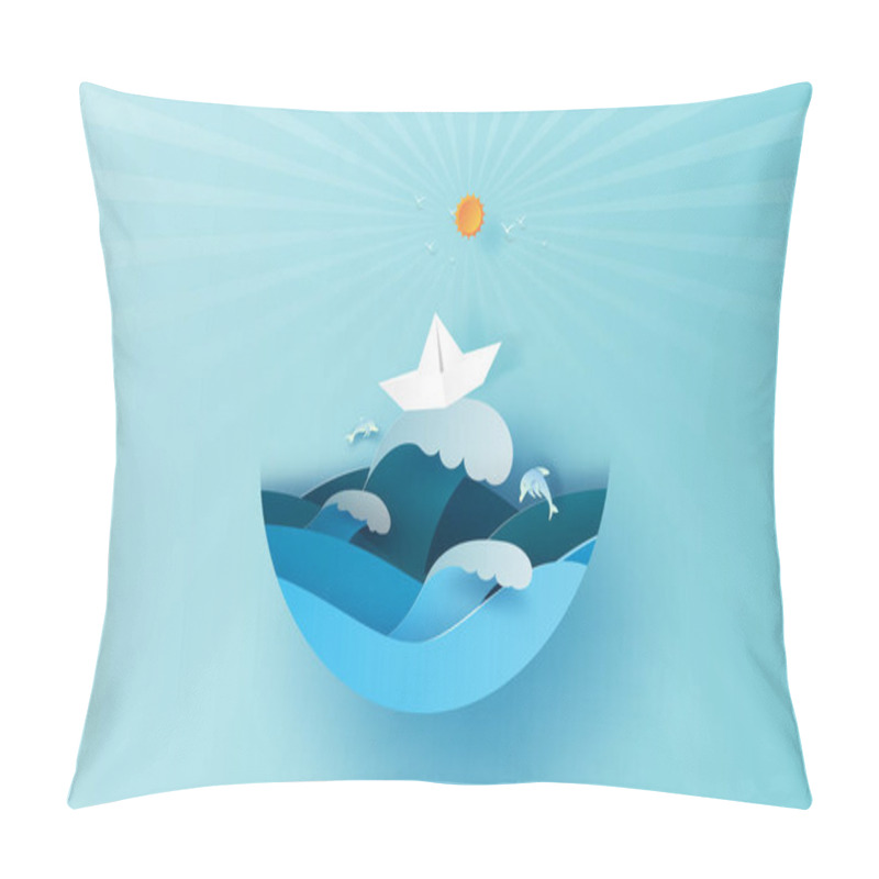 Personality  Illustration of travel in holiday summer season sunlight circle concept. Paper cut style.Vacation summertime idea pastel background,Sea wave view with paper boat landscape. Dolphins jumping joyfully pillow covers