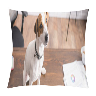 Personality  Horizontal Image Of Jack Russell Terrier Sitting Near Cup Of Coffee And Papers On Office Table  Pillow Covers