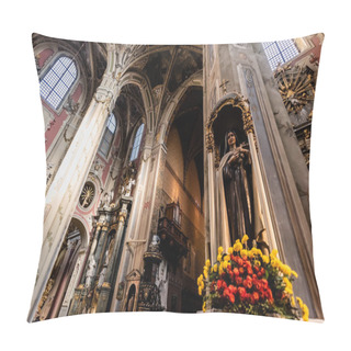 Personality  LVIV, UKRAINE - OCTOBER 23, 2019: Interior Of Lviv Latin Cathedral With Yellow Flowers Near Female Sculpture  Pillow Covers