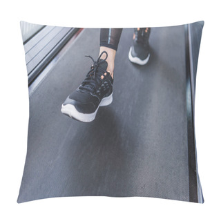 Personality  Cropped Shot Of Woman In Modern Sneakers Running On Treadmill Pillow Covers
