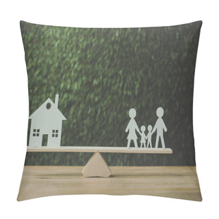 Personality  Paper Cut House And Paper Family Balancing On Seesaw On Green Background Pillow Covers