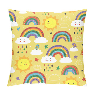 Personality  Yellow Seamless Pattern With Cute Rainbow, Cloud, Bird And Sun - Vector Illustration, Eps     Pillow Covers