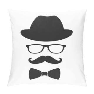 Personality  Hipster Style Graphic Accessory Set. Hat, Glasses, Mustache And Bow Tie Signs Isolated On White Background. Vector Illustration Pillow Covers